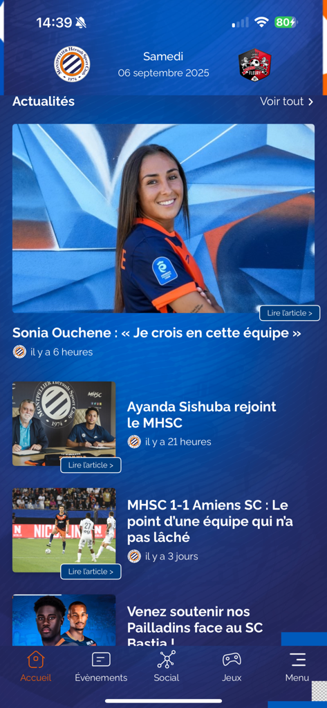 Montpellier Hérault Sport Club - Home screen of the Montpellier Hérault Sport Club app featuring the latest soccer news and team updates.