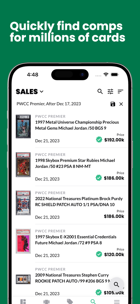 Card Ladder - Card Ladderモバイルアプリのインターフェース。高額なスポーツカードの販売と市場価格のリストが表示されています。