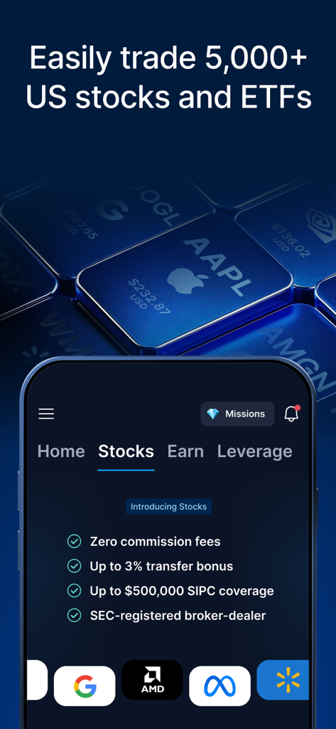 Crypto.com: Buy BTC, ETH & CRO - Crypto.com 앱 화면에 제로 수수료 및 SIPC 적용 범위가 있는 미국 주식 및 ETF 거래 표시