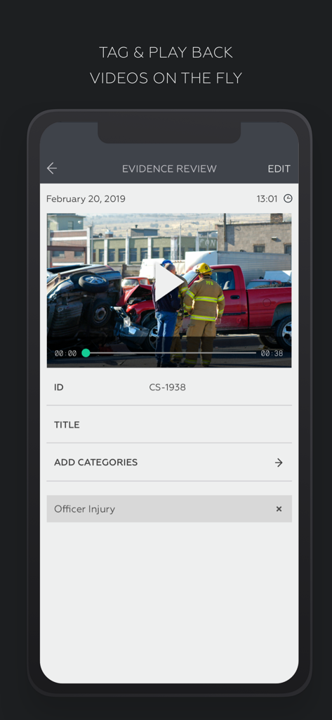 A screenshot of the Axon View app evidence review screen showing video playback of an incident with options to add tags and categories.