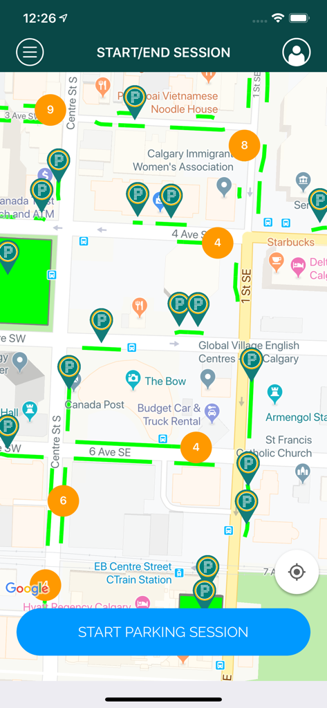 MyParking - Map interface of the MyParking app showing parking zones in downtown Calgary with a start parking session button.