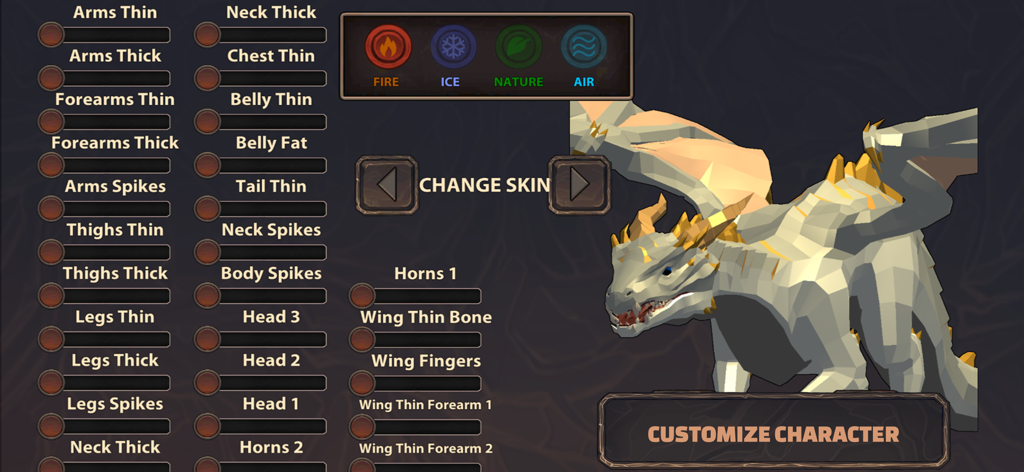 Dragon Life Simulator - Dragon Life Simulator customization screen showing options to adjust dragon anatomy and choose elements like fire or ice