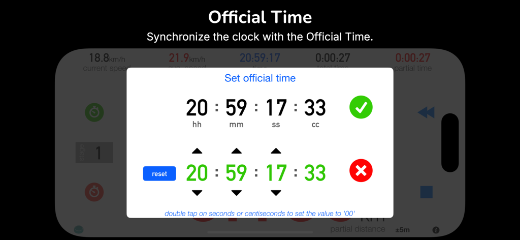 3pRally - TSD Rally - Screenshot of the 3pRally app showing the official time synchronization interface with options to set hours minutes seconds and centiseconds