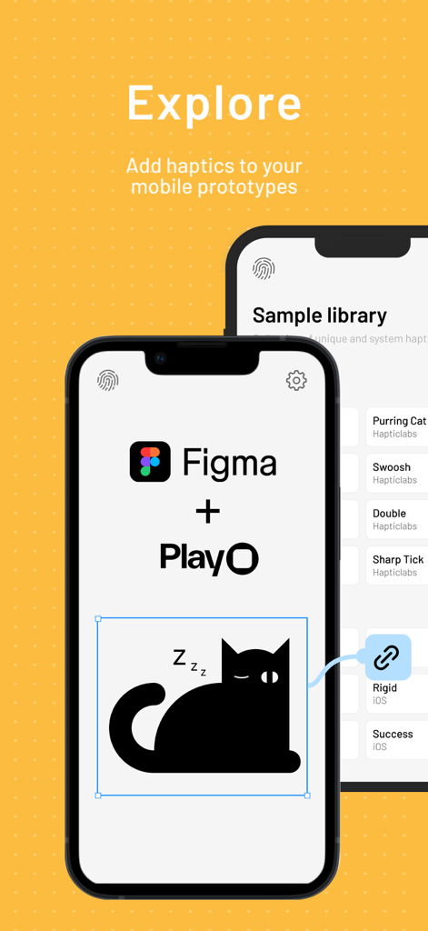Hapticlabs: Haptic design - Two iPhones displaying the Hapticlabs interface for adding haptic feedback to mobile prototypes using Figma and Play