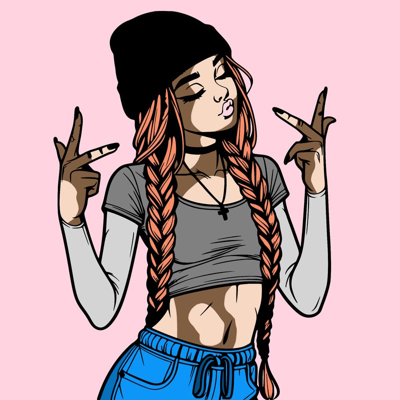 realistic teenage girl with braids and a beanie and crop top doing 🫶🏼