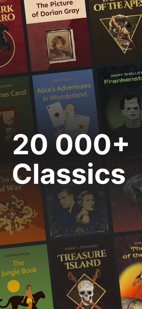 A collage of classic book covers including Frankenstein and Treasure Island with text overlay stating twenty thousand plus classics