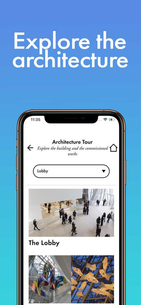 Fondation Louis Vuitton - Fondation Louis Vuitton app screen showing the architecture tour of the lobby and building