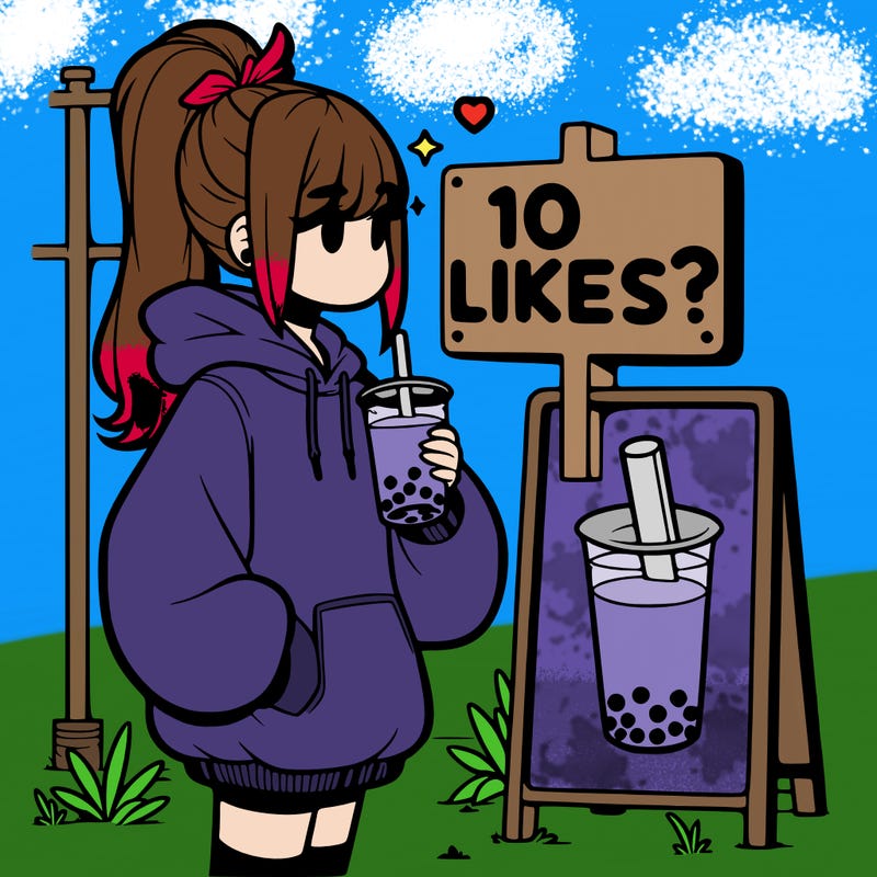 girl with oversized hoodie drinking boba and she has a high ponytail with a sign that says 10likes?