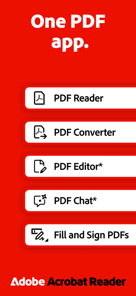 Adobe Acrobat Reader의 올인원 PDF 앱 기능 개요로, PDF 리더, 변환기, 편집기, 채팅 및 작성/서명 도구가 빨간색 배경에 표시됨.