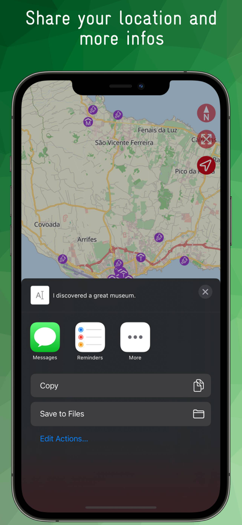 Interfaz de la aplicación Mapa Offline de Azores que muestra cómo compartir una ubicación y un mensaje personalizado sobre un museo descubierto