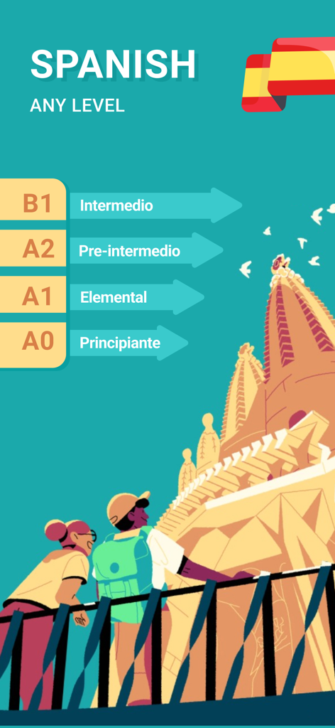 Spanish Words A1-B1 | 2Shine - Tela do aplicativo de espanhol mostrando níveis de A0 a B1 com fundo da Sagrada Família