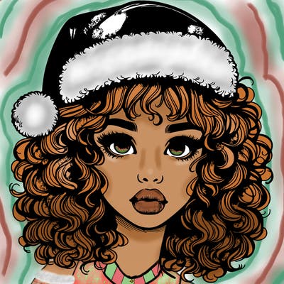 realistic girl with a santa hat curly hair and lips