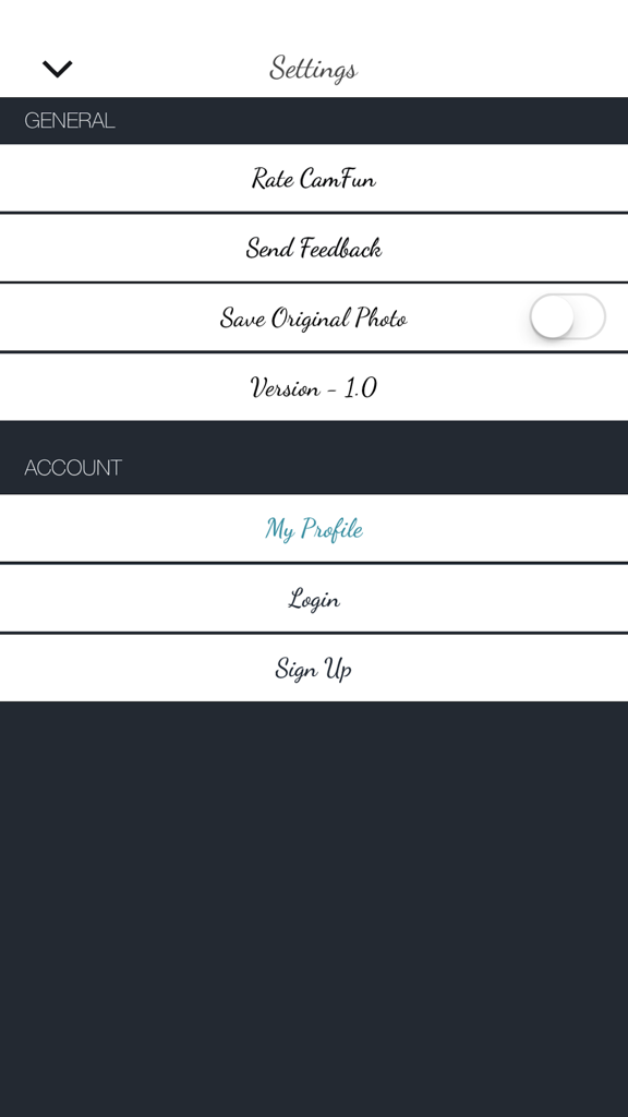 برنامج تعديل الصور وفن الصور - Tela de configurações do aplicativo de edição de fotos CamFun mostrando preferências de conta e gerais