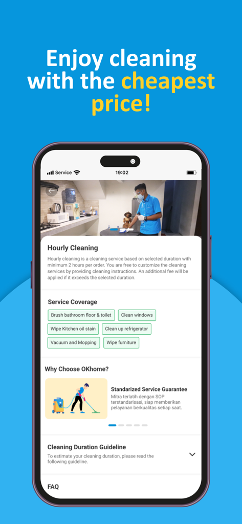 OKHOME - OKHOME-Handy-App-Oberfläche mit Details zum stundenweisen Reinigungsservice und Abdeckungsoptionen.