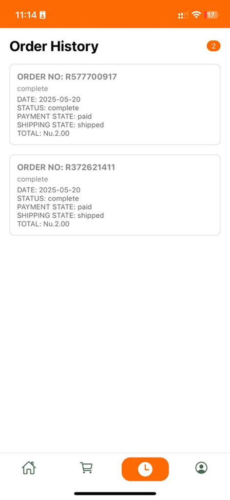 Yalula app order history screen showing completed and shipped transactions with order numbers and dates