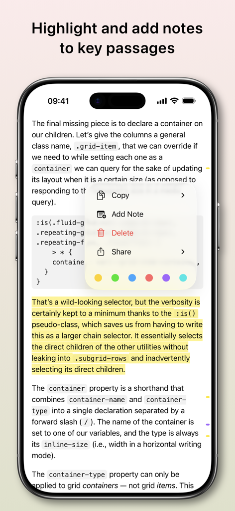 GoodLinks app interface showing a highlighted article passage with a context menu for adding notes and selecting colors.