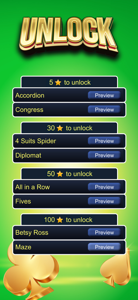 Pantalla de menú que muestra juegos de cartas bloqueados y los requisitos de estrellas para desbloquearlos en la colección