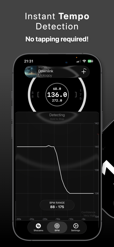 BPM Detector : Live Tempo - Pantalla de la app Detector de BPM mostrando seguimiento de tempo en tiempo real y gráfico de variación