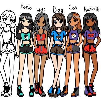 a group of girls wearing crop tops and shorts