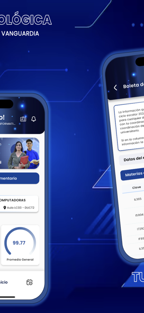 LEO UdeG - Interface of the LEO UdeG mobile app showing a student dashboard with GPA and academic grade reports