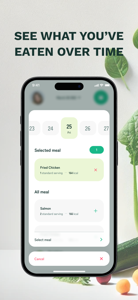 Interfaccia mobile Nutrio Ai che mostra i log dei pasti giornalieri e il calendario del tracker calorico