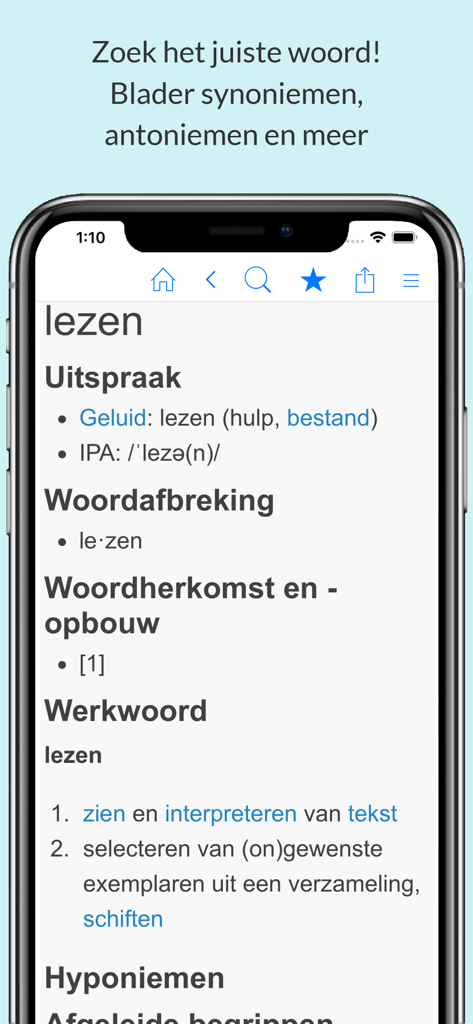 Mobile app screenshot of the Dutch dictionary showing the word definition for lezen with pronunciation and word origin details.