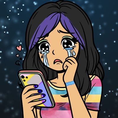 woman crying with her phone in her hand