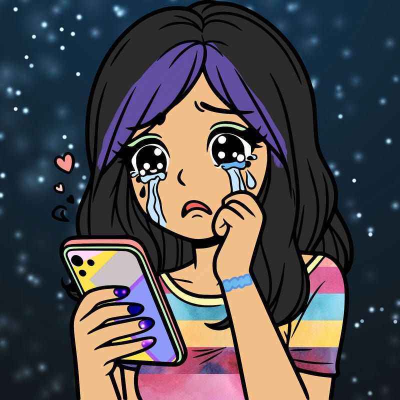woman crying with her phone in her hand