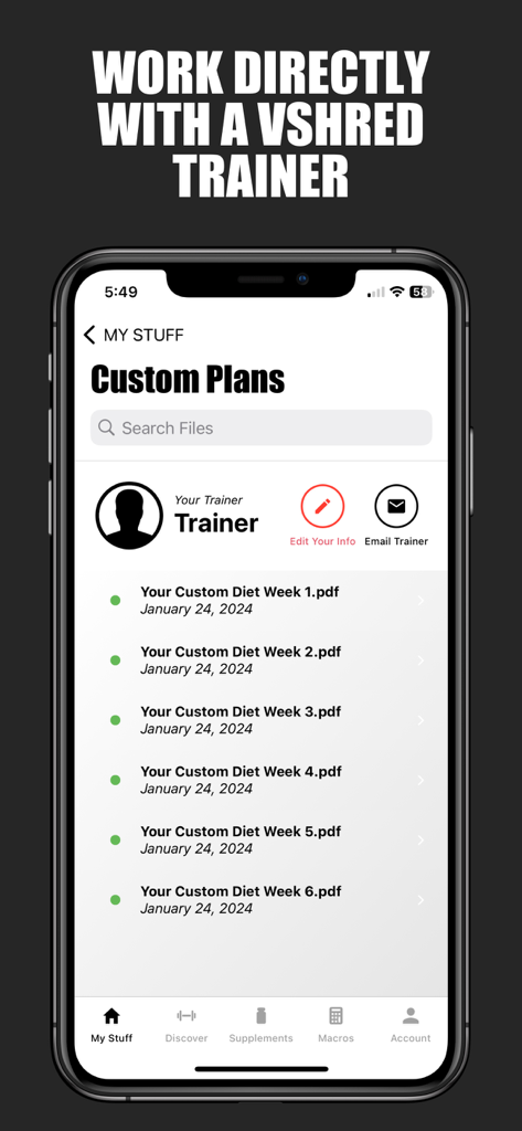 V Shred app screen showing custom diet plan PDFs and options to contact a trainer