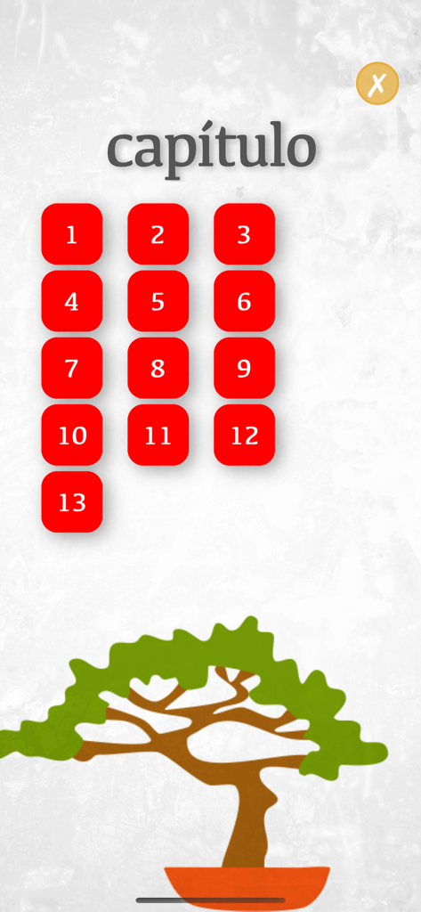 Chapter selection menu with red buttons and a bonsai tree illustration