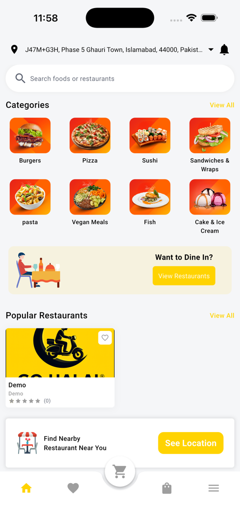 Halal Food App home screen featuring food categories and popular local restaurants