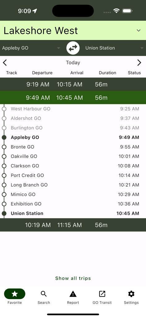 Interface do aplicativo Go Rider exibindo horários de trens e detalhes de paradas para a linha Lakeshore West