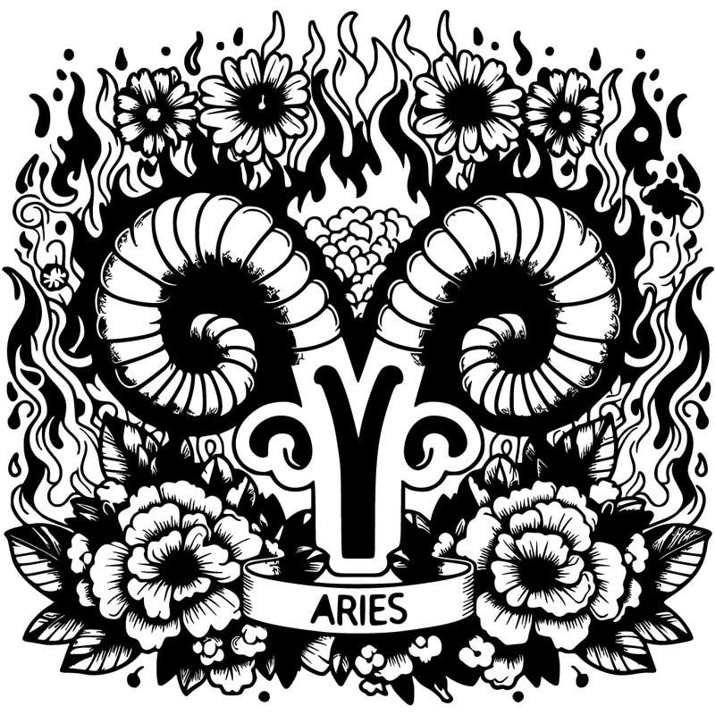 detailed aries in bold font and flowers with fire behind the