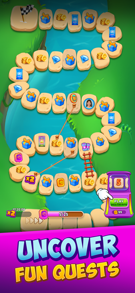 A colorful winding game map showing progression through quests and rewards in Gin Rummy Stars