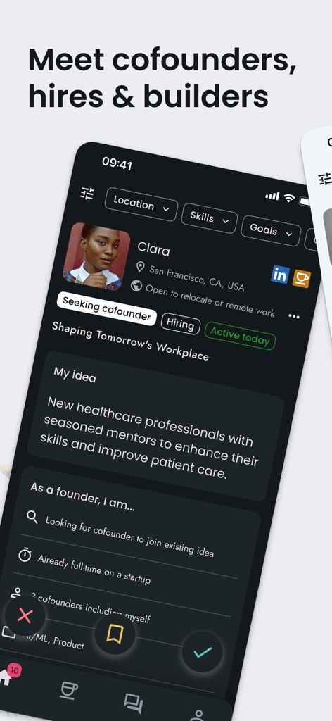 CoffeeSpace: Connect & Build - Mobile app interface of CoffeeSpace showing a potential cofounder profile with bio and startup idea