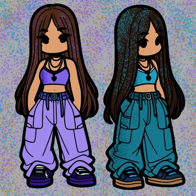 girl in baggy pants crop top and long hair