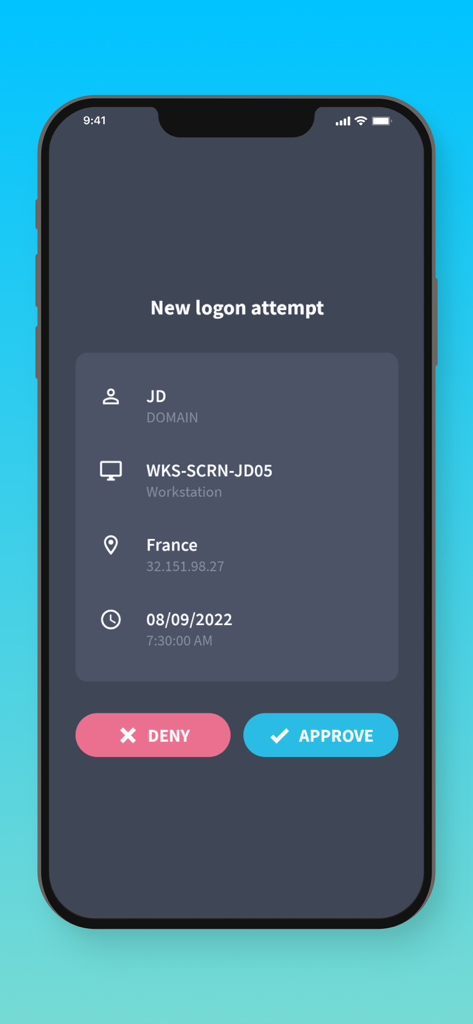 UserLock Push - Um telefone celular exibindo uma notificação do UserLock Push para uma nova tentativa de login com opções para aprovar ou negar