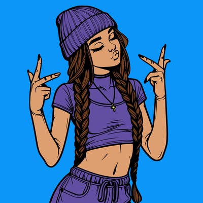realistic teenage girl with braids and a beanie and crop top doing 🫶🏼