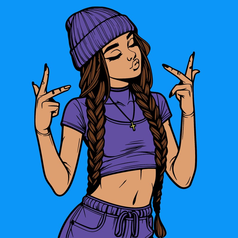realistic teenage girl with braids and a beanie and crop top doing 🫶🏼