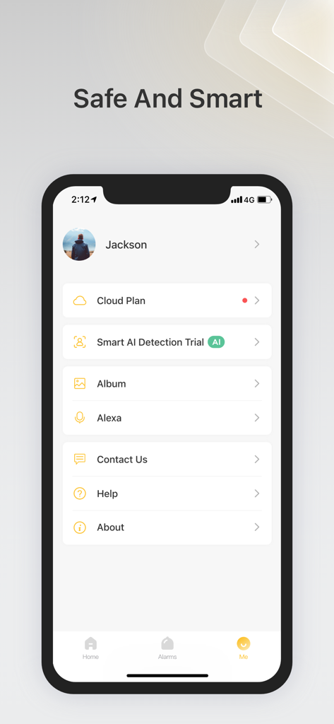 IPC360 Home - IPC360 Home app user profile screen featuring settings for Cloud Plan and Smart AI detection