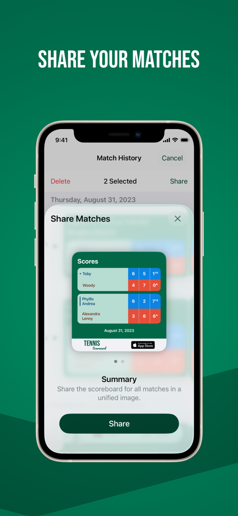 Tennis Scorecard App - iPhone-Bildschirm zeigt die Funktion zum Teilen von Spielen in der Tennis Scorecard App mit einer Übersicht der Spielhistorie.