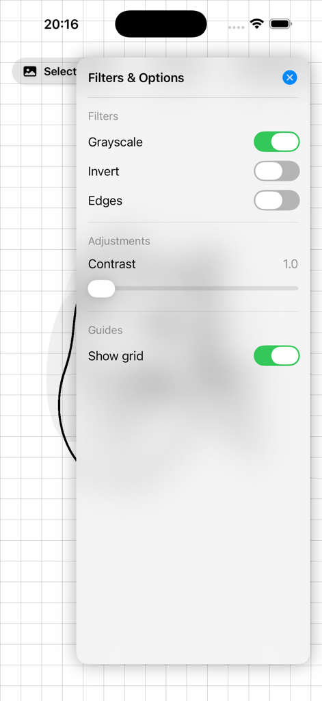 Lightbox Tracing Pad app screen showing filters for grayscale invert and contrast with grid guide enabled