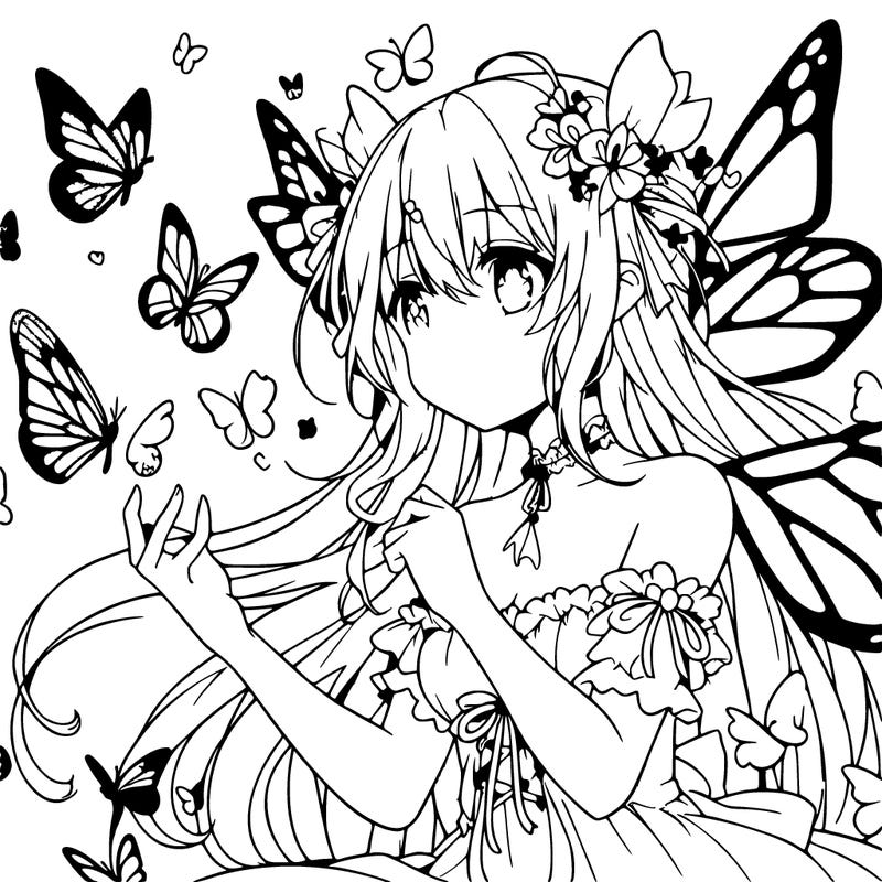 anime girl with butterfly wings surrounded by butterflies