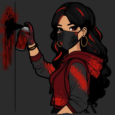 realistic girl with mask spray painting a wall