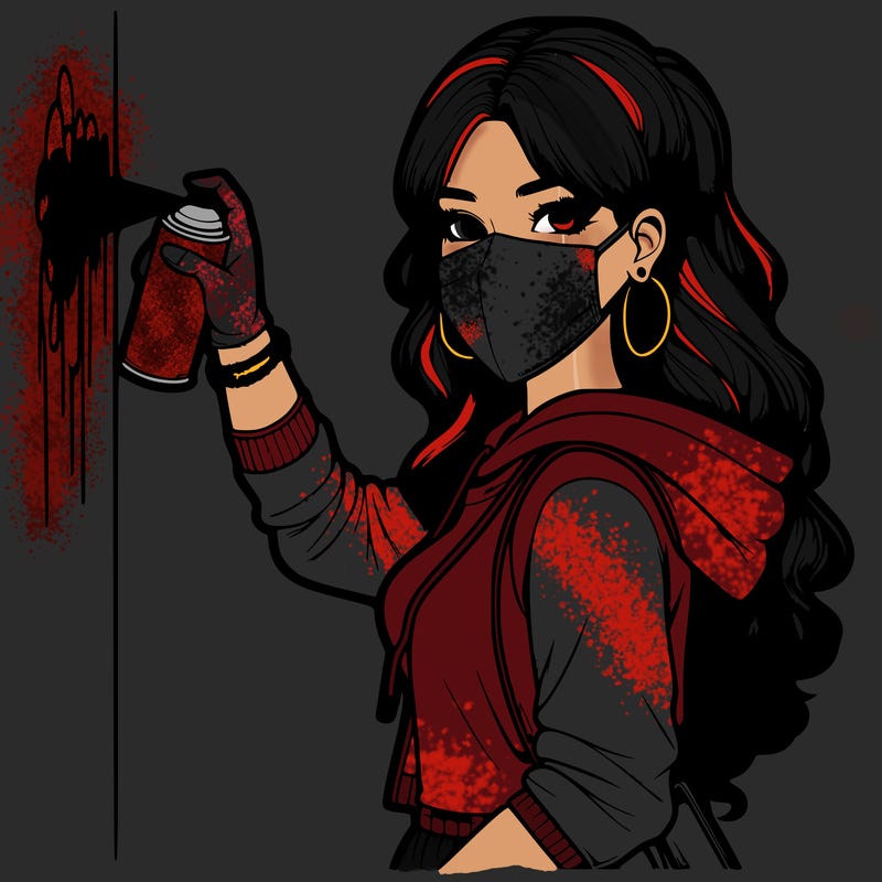 realistic girl with mask spray painting a wall