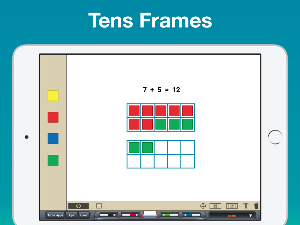 Color Tiles Manipulative - iPad screen showing tens frames math addition with colored tiles