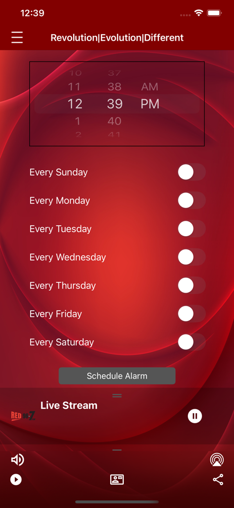 RED 967FM - Alarm schedule settings screen in the RED 967FM mobile app with time picker and day toggles