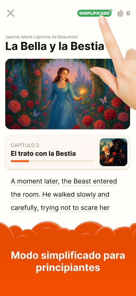 Clew: aprende inglés leyendo - Interface of the Clew app showing the simplified English reading mode for beginners featuring Beauty and the Beast