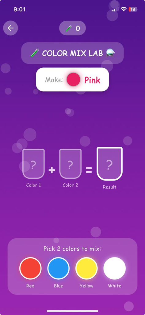 Kids Academy - Learn and Play - Juego educativo de laboratorio de mezcla de colores donde los niños aprenden a crear el color rosa combinando diferentes colores.