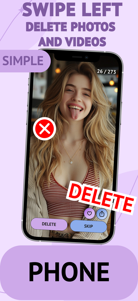 Smartphone-Bildschirm mit der Photo Cleaner App-Oberfläche und einer Wisch-nach-links-Geste zum Löschen eines Fotos.